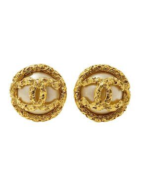Chanel Earrings Gold Lava CC Logo Large Vintage 93A Stamp